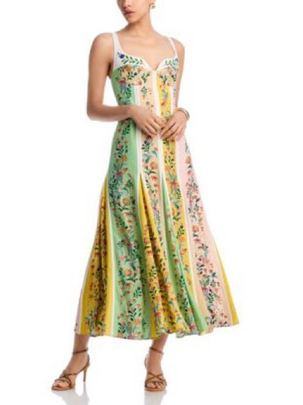 FARM RIO Floral Striped Midi Dress in Yellow and Cream - Picture 2 of 7